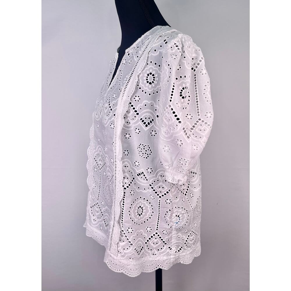 J. McLaughlin Jonie White Eyelet Cotton Blouse Split Neck Puff Sleeve Size L - Picture 2 of 10